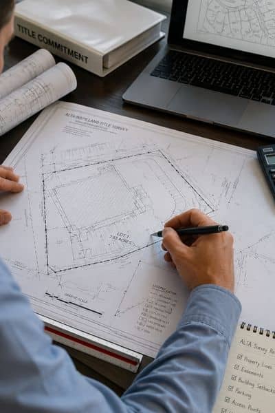 Surveyor reviewing ALTA survey documents and commercial property site plans before closing