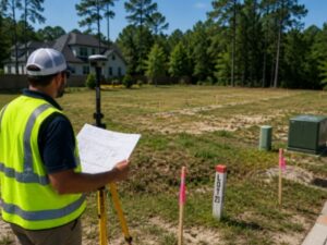 Boundary Survey on a vacant lot with a surveyor marking property lines and identifying easement areas before construction.