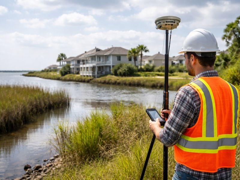 Elevation certificate flood zone property survey - Madison Land Surveying Land surveyor using GPS equipment near a waterfront home to collect elevation data for an elevation certificate