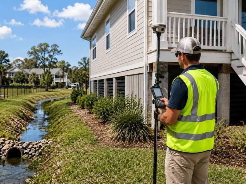 Elevation Certificate measurements being taken by a surveyor beside a raised home near a drainage area.