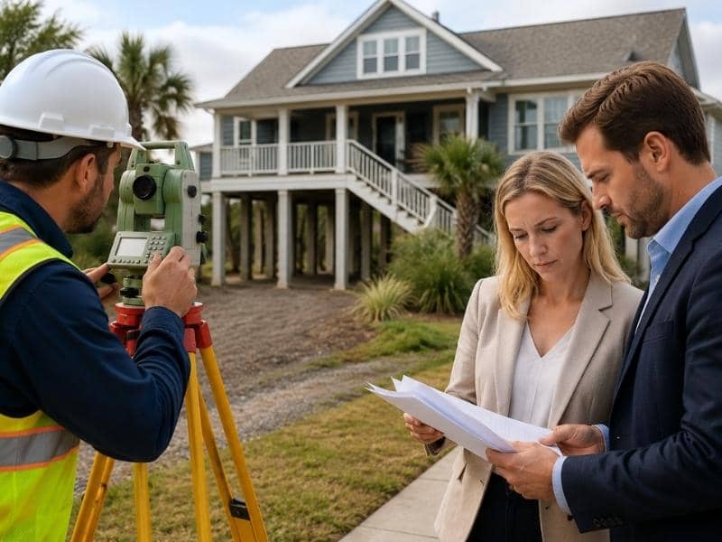 Surveyor and homebuyers reviewing documents outside an elevated home related to FEMA elevation certificate mistakes that can delay home sales.