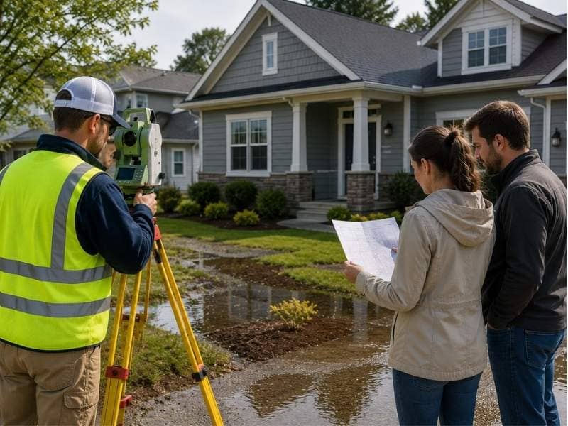 Flood elevation certificate being reviewed by homeowners with a surveyor after heavy rain to confirm property elevation records