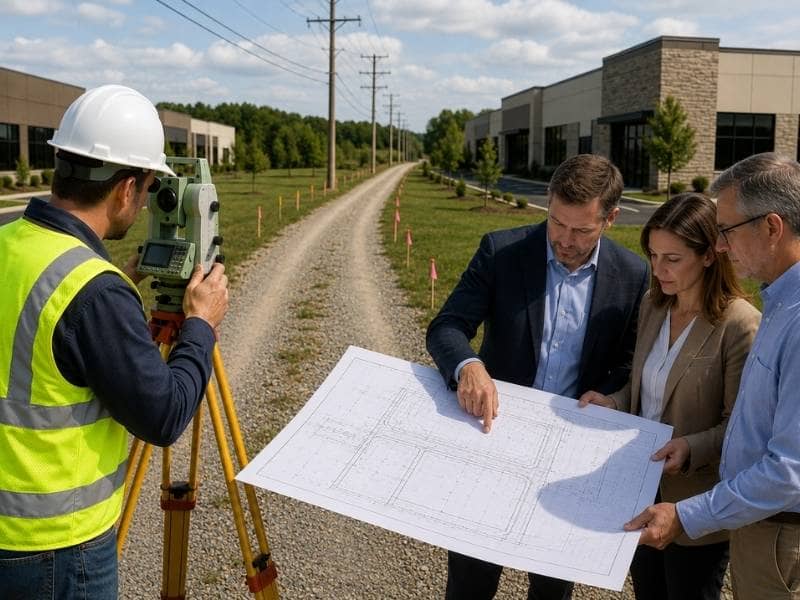 Surveyor and property professionals reviewing a site plan during an ALTA survey showing how an ALTA land survey helps track access easements.