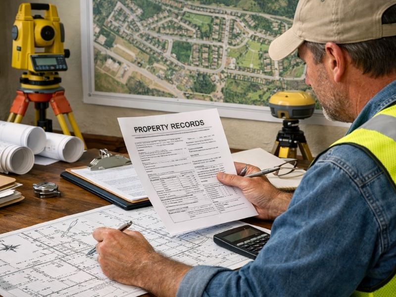 Metes and bounds survey property record research - Madison Land Surveying Land surveyor reviewing property records and survey plats while researching a metes and bounds survey