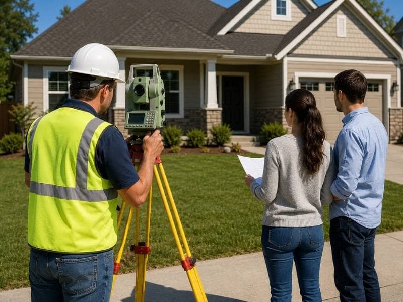 Mortgage survey performed before closing while homebuyers review a residential property with a surveyor