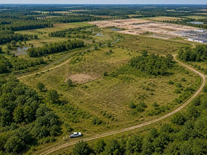 Aerial survey of a large property showing roads, wooded areas, drainage features, and a survey crew supporting land development planning.
