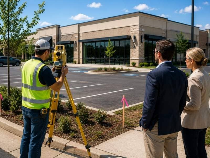ALTA title survey being completed for a commercial property to verify boundaries, access, easements, and site features before closing.
