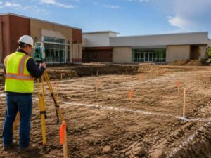 Surveyor performing construction staking for a community center addition in Madison Alabama