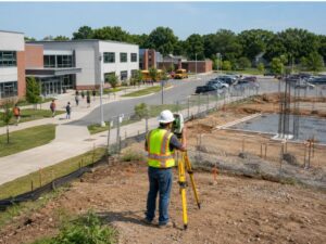 Construction survey for new school campus expansion projects with a surveyor measuring an active school construction site