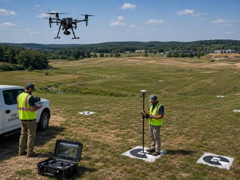 Drone land surveying with ground control points and GNSS verification on a large development site for accurate planning and topographic mapping.
