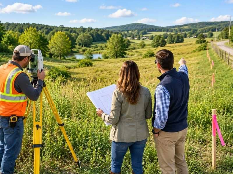 Due diligence survey in progress on vacant land before purchase to verify property boundaries, road access, terrain, and site conditions.