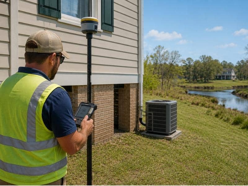 FEMA elevation certificate survey showing a licensed land surveyor measuring a home's elevation to support flood insurance and lender documentation.