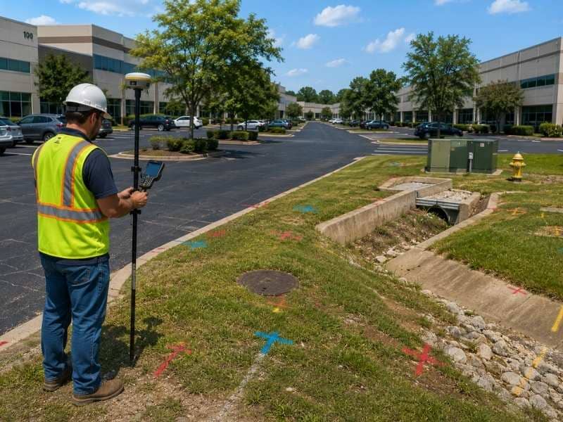 Land survey company documenting buildings, parking areas, utilities, drainage, and existing site conditions for business park redevelopment.
