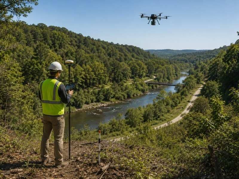 LiDAR mapping collecting detailed terrain and elevation data along a wooded greenway trail corridor for route and drainage planning.
