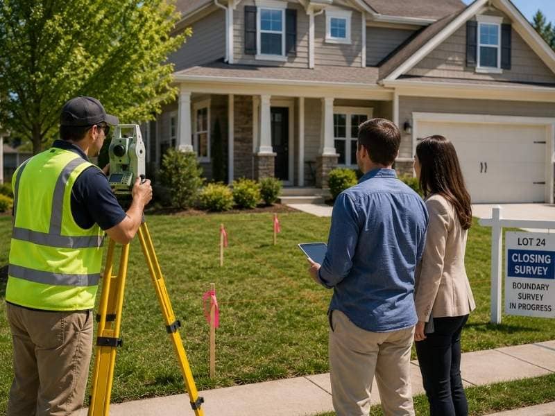 Loan closing survey being completed at a residential property to verify boundaries, improvements, and property details before closing.