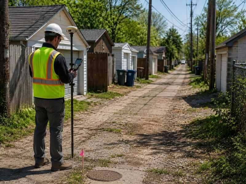 Property survey mapping an old alley, adjoining parcel boundaries, buildings, fences, and utility easements before the alley is vacated.

