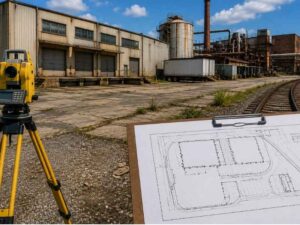 ALTA land survey documenting an older industrial property before redevelopment in Madison, Alabama.