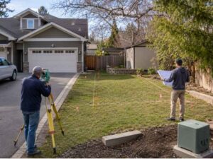 Two surveyors in a suburban front yard; one uses a tripod-mounted instrument, the other holds plans, orange stakes marking a grid on the lawn.