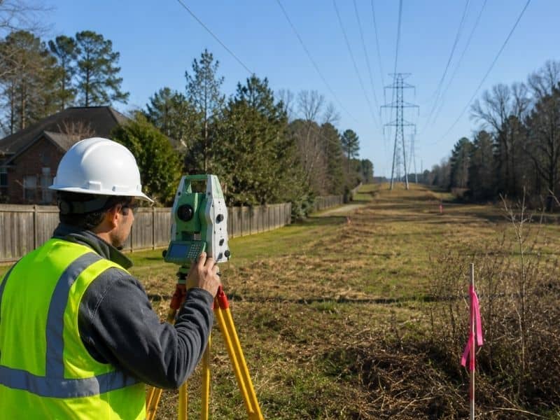 Land surveyor conducting a boundary survey along an unused public easement corridor in Madison, AL.