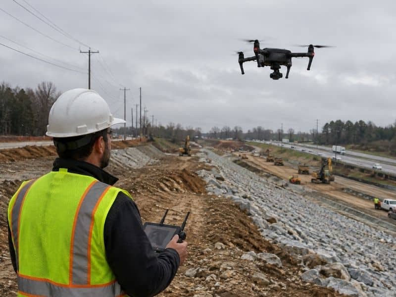 Survey professional operating a land mapping drone over a regional infrastructure improvement project in Madison, AL.
