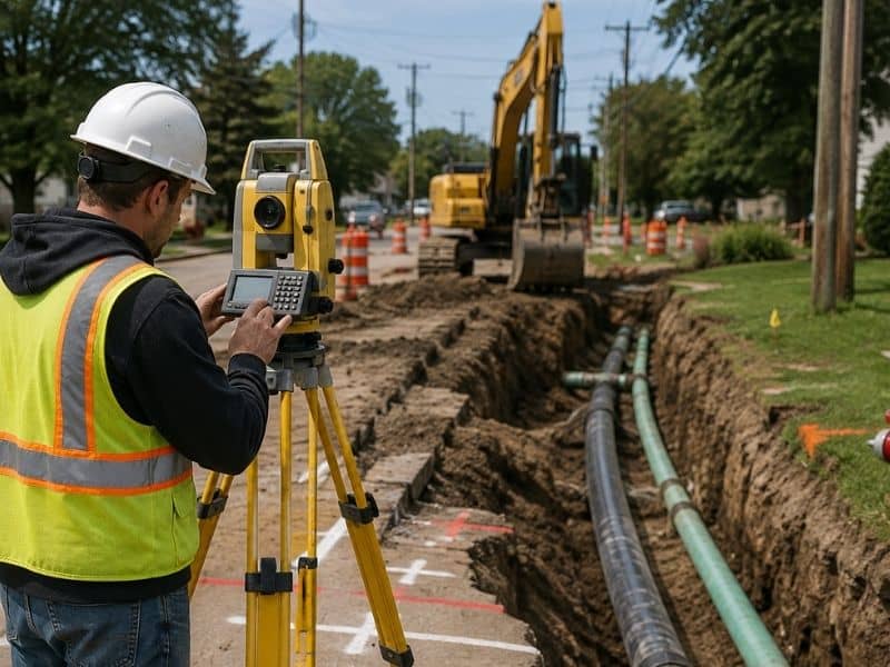 Professional land surveyor reviewing utility relocation work in Madison, Alabama.
